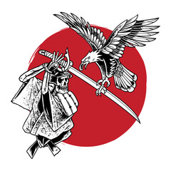 Hand-Drawn Samurai Fighting Eagle with Sword – Epic Battle Illustration