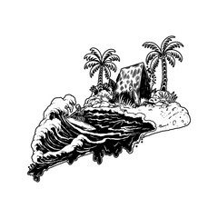 Hand-Drawn Skull Surfing on Pizza-Shaped Beach