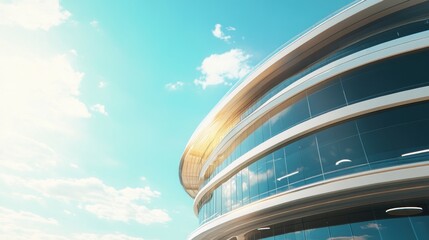 Modern glass building exterior with circular design against a bright blue sky.