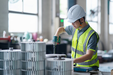 asian male engineer woking on digital tablet in factory with  Industrial fan impeller