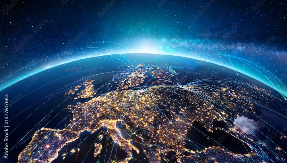 Poster a stunning view of earth from space shows the planet bathed in city lights at night digital data dis
