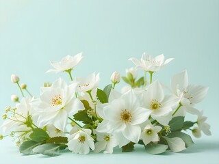 Fototapeta premium White Flower Arrangement on Pastel Background: A delicate arrangement of pristine white flowers, possibly clematis, with lush green foliage.