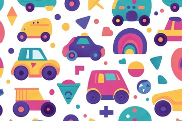 Naklejka premium vehicles with shapes like circles, squares, and triangles, vibrant colors, seamless pattern for children's educational decor