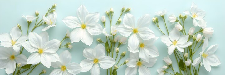 Floral Elegance: A delicate composition of white star jasmine flowers blooms, captured against a soft pastel backdrop, showcasing nature's intricate beauty.