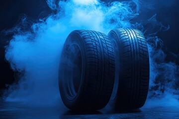 Three high-performance tires positioned against a dark background with dramatic blue smoke swirling around. creating a dynamic and energetic automotive atmosphere