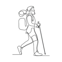 Continuous one line drawing of traveling man with backpack. Single one line art of man success to hiking on top of mountain. Vector illustration editable stroke