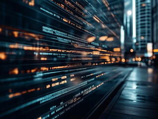Fototapeta premium A blurred image with streaks of light representing fast digital data, and code lines in the background. 
