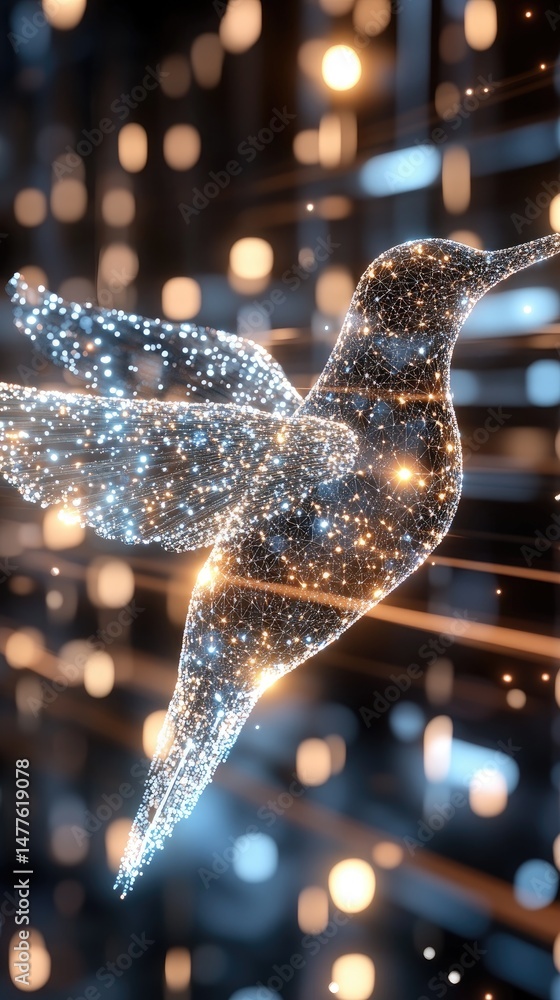 Poster colorful lines and glowing particles form a hummingbird, surrounded by a dark backdrop and soft boke
