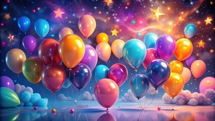 A whimsical scene of colorful balloons floating amidst a starry night sky, evoking feelings of joy, wonder, and celebration.