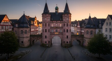 Historic Gate Structure at Dawn in European Town