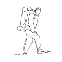 Continuous one line drawing of traveling man with backpack. Single one line art of man success to hiking on top of mountain. Vector illustration editable stroke