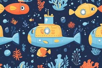 underwater vehicles like submarines and diving bells, ocean colors, seamless pattern for children's learning materials