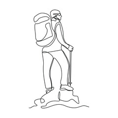 Continuous one line drawing of traveling man with backpack. Single one line art of man success to hiking on top of mountain. Vector illustration editable stroke
