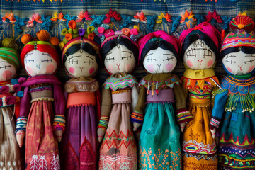 Row Of Colorful Handmade Dolls In Traditional Attire