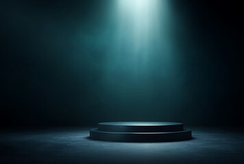 Dramatic Dark Studio Product Presentation Platform with Teal Lighting and Moody Atmosphere Ideal for Advertising and Branding