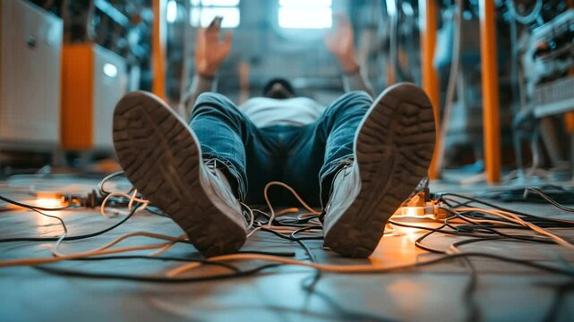 Electrician sprawled on the floor, his legs tangled in electrical cords, with a few live wires visible in the background, highlighting the urgency of maintaining a safe work enviro
