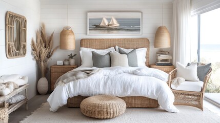 Coastal retreat bedroom with natural textures and calming nautical artwork