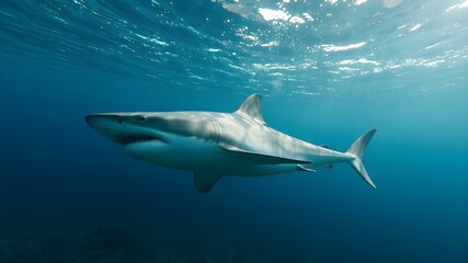 Naklejka premium Silent Hunter: A formidable Great White Shark, a apex predator of the ocean, glides through the pristine blue waters. The scene captures its sleek.
