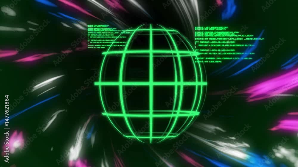 Aufkleber neon green wireframe sphere floating in cyberspace, displaying code blocks, multicolored streaks