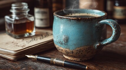 Steaming mug of coffee, vintage notepad, fountain pen