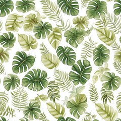 Naklejka premium Watercolor illustration showcases a seamless pattern of tropical leaves in various shades of green, perfect for brightening up any space SEAMLESS PATTERN