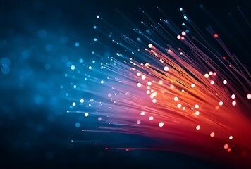 Vibrant Fiber Optics Network Cables Glowing Bright Red and Blue Light Streaks