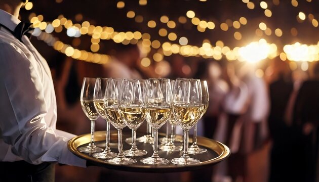Un camarero de sala con una bandeja con copas de vino en una fiesta