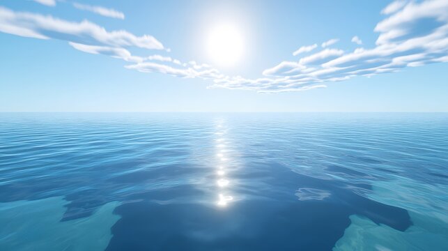 A digital rendering of a serene, placid ocean expanse beneath a bright, sunny sky.