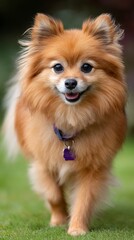Pomeranians playful gait across grassy lawn