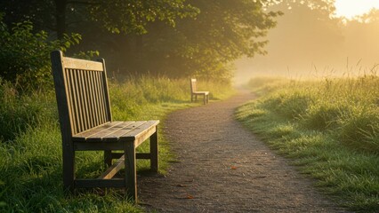 Early morning scene of park bench and path.