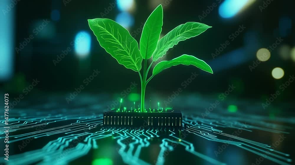 Poster close-up shot of a vibrant green plant sprout emerging from a computer chip, symbolizing the fusion 