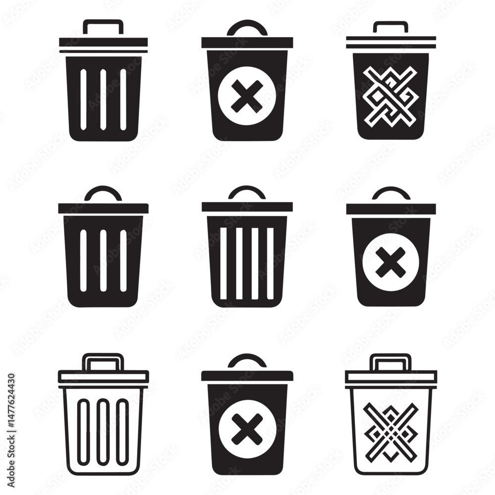 Poster trash bin icons set, bin icon, delete icon button,office trash icon,garbage icon vector design,trash