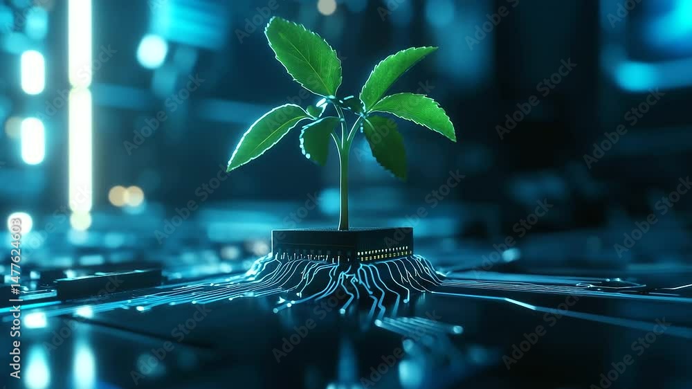 Poster a small plant grows from the surface of a computer chip, with its roots intertwining with the metal 