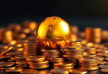 Golden globe on stacked coins, dim lighting, wealth concept, pile, shiny