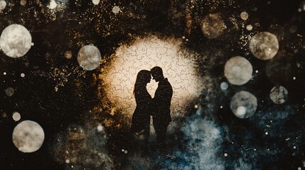in a circle of light surrounded by dark abstract shapes symbolizing past emotional trauma, showing protection and healing within the relationship, with open space above [imago theory]:[Jigsaw] 