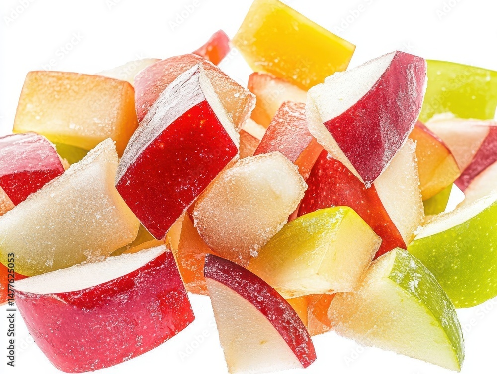 Poster cut apple mix, a refreshing assortment of sliced apples, neatly arranged and isolated on a pristine 