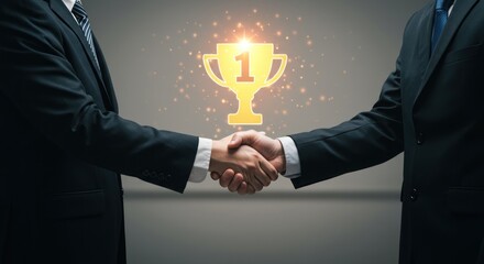 Two businessmen shaking hands with a trophy graphic overlay representing success.