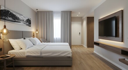 Hotel Room Interior with Bed and Television