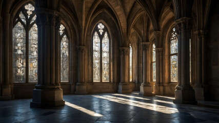 Fototapeta premium Sunlit Gothic Hallway Architecture .Generated with AI
