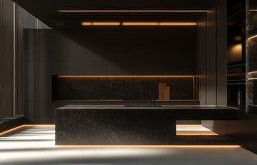Modern Dark Kitchen: Sleek Granite Island, Warm Lighting