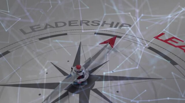 Metallic compass rose needle pointing toward Leadership, network lines linking nodes in 3D render