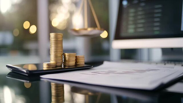 A sleek modern scale balancing a stack of gold coins on one side with paperwork and financial statements on the other, representing the balance between wealth accumulation and fina