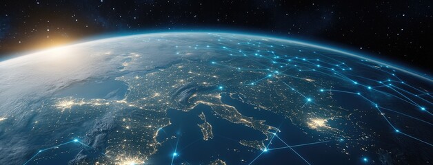 Obraz premium Glowing European cities connected by lines amidst stars, showcasing Earth's beauty and technology's role in global communication