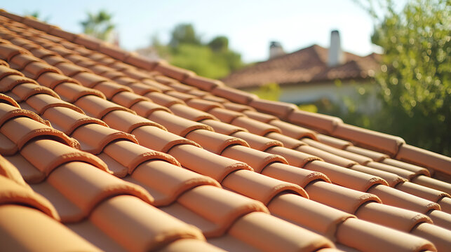Close-up of terracotta roof tiles on a sunny day