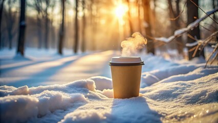 Warm Beverage in Winter Wonderland A Steaming Cup Rests on Snowy Ground Amidst Sunlit Trees