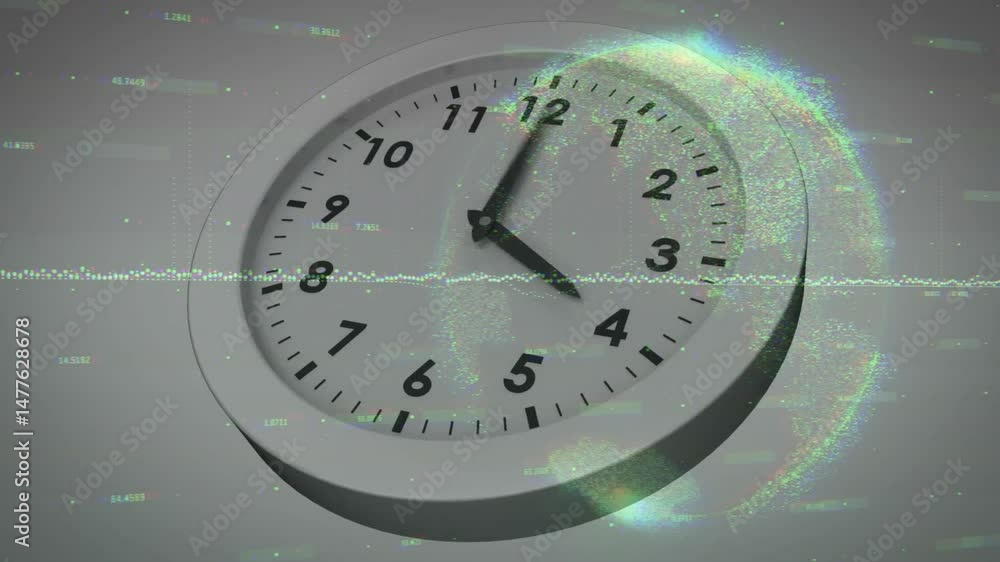 Poster floating analog clock glowing with glitch artifacts in neutral grey 3d render, with pixel noise