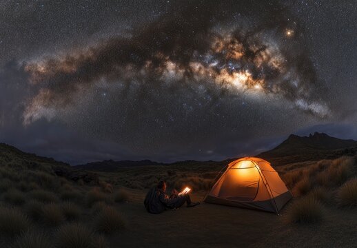 Milky Way Nightscape: Lone Camper Reads Under Starry Sky