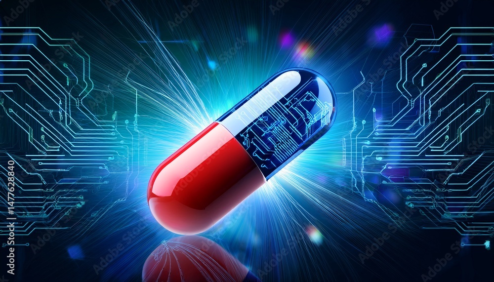 Poster a glowing red and blue capsule with digital circuits on a futuristic background representing the con