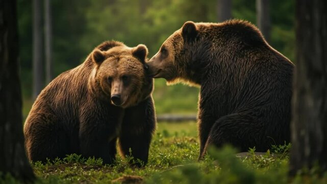 Brown bear pair sitting together in sunlit forest video. Two large bears couple in love in natural habitat. World Bear Day, March 23.