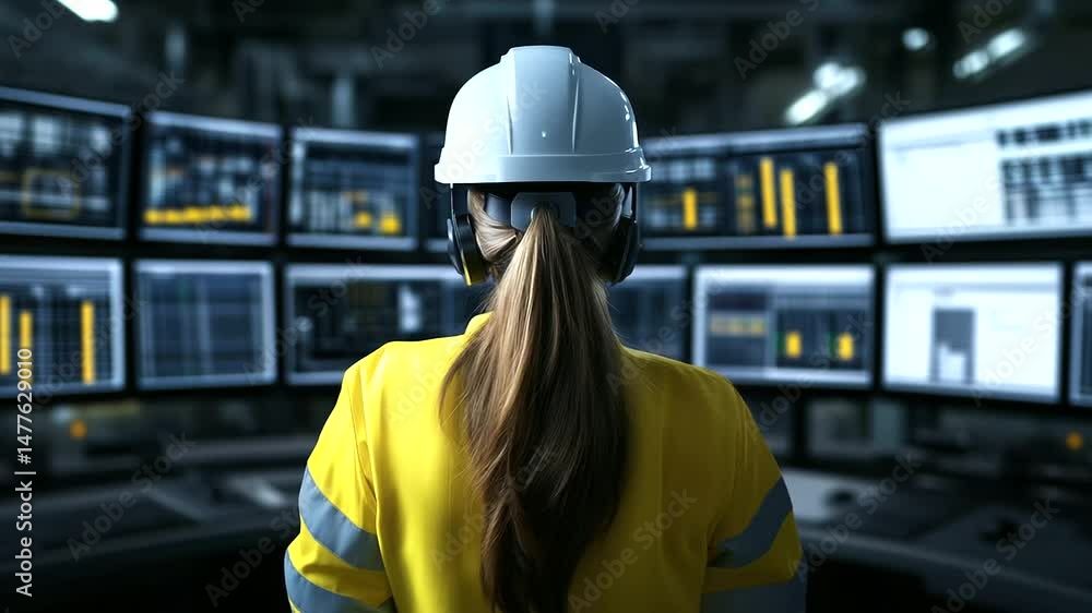 Poster a back view of a female worker in safety gear and hard hat, analyzing real-time production data on m
